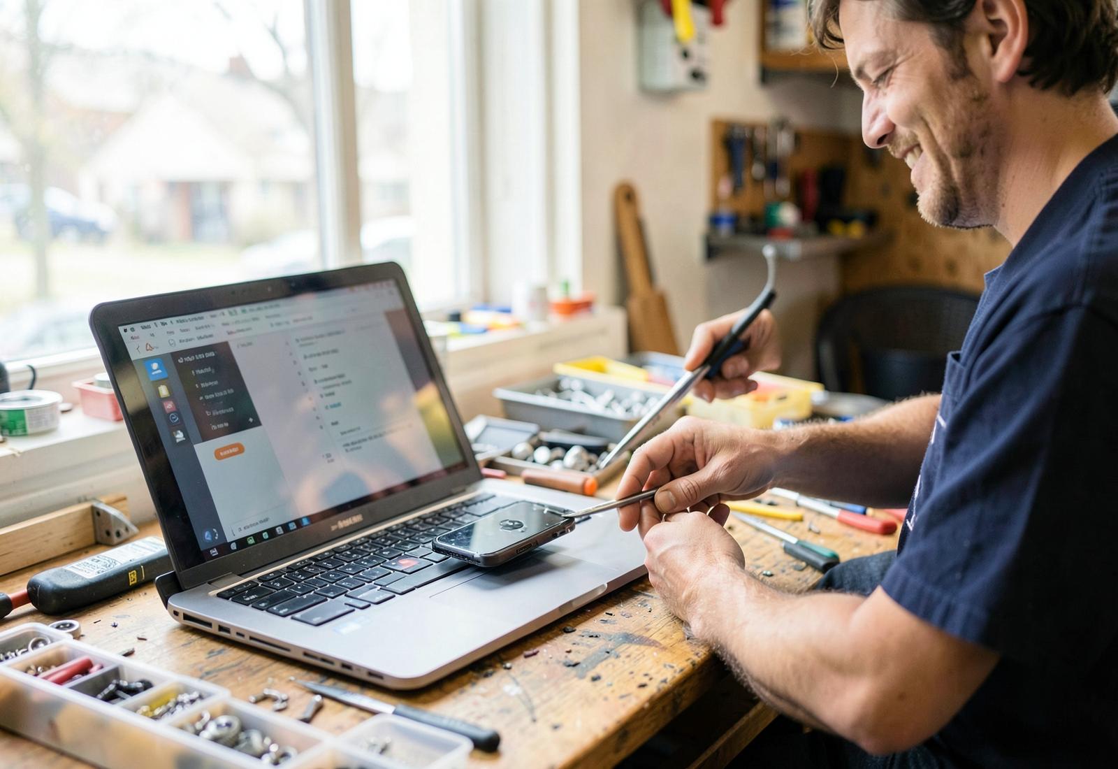 Gadgetworx technician repairing a phone and laptop at a workbench