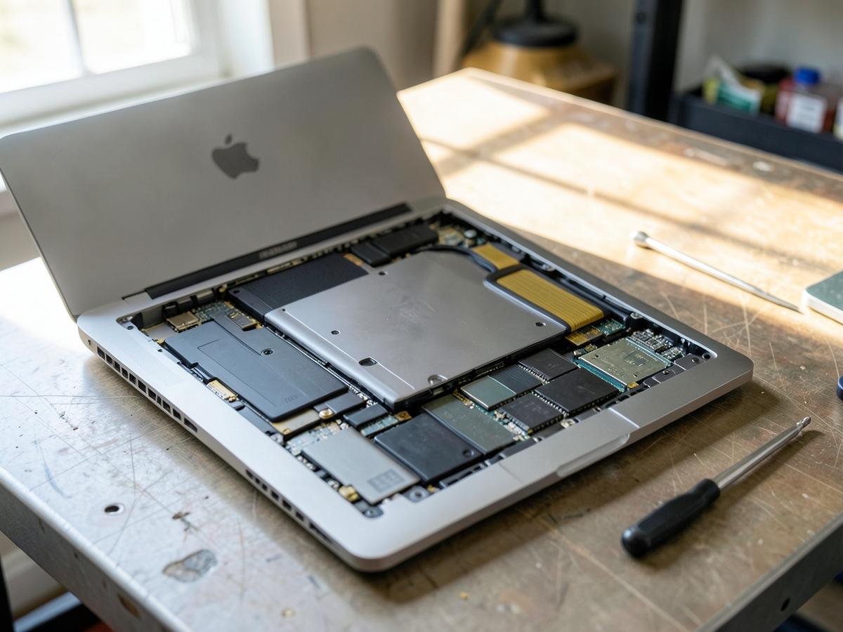 MacBook opened on a bench showing internal components during repair