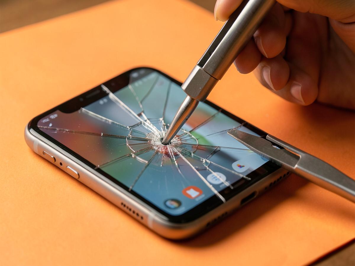 Cracked iPhone screen being replaced with precision tools